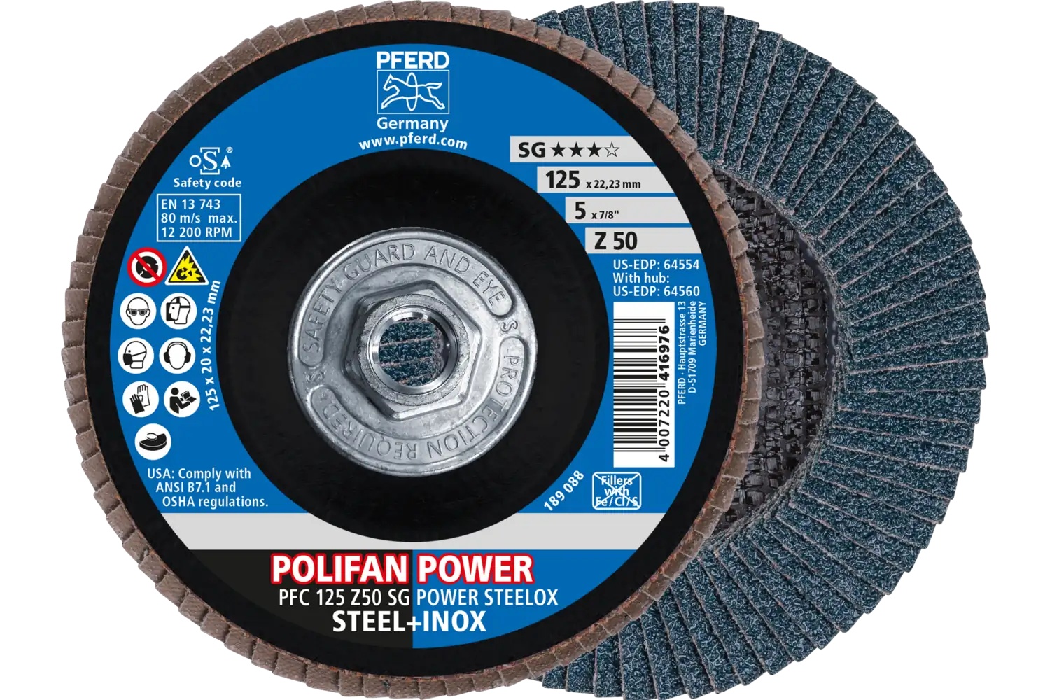 Picture of Pferd Flap Disc, 5" x 5/8-11, Z SG Power Steelox, 50 Grit, T29, Conical, Zirconia